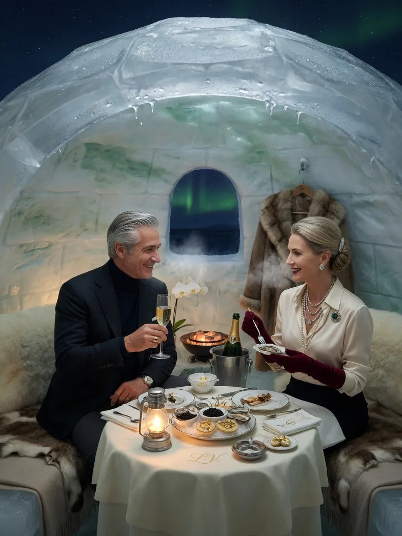 Dîner dressé sous les aurores boréales en Laponie